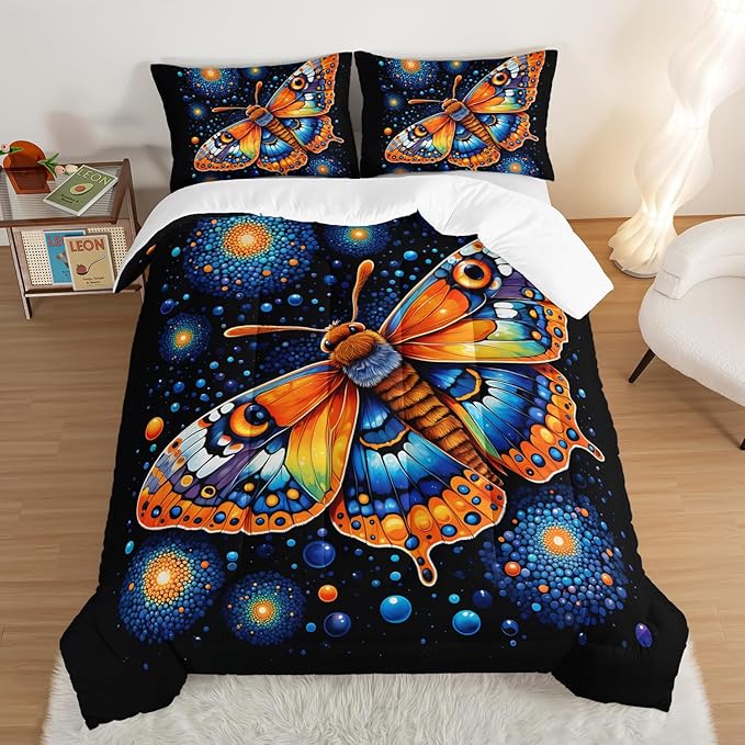 Gothic Butterfly Bedding Set King Size,Colorful Granular Ball Printed Bedding Comforter Sets,Insect Themed Comforter Set for Kids Girls Boys,Aesthetic Bedding Sets with 2 Pillowcases.
