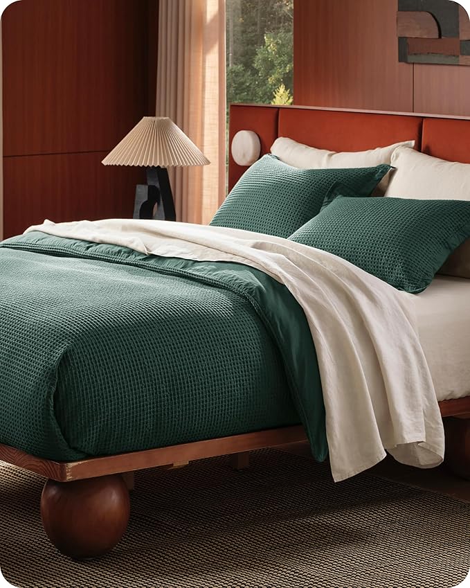 Bedsure Cotton Duvet Cover Queen - 100% Cotton Waffle Weave Forest Green Duvet Cover Queen Size, GentleSoft™ and Breathable Bedding Set for All Season, 3 Pieces, 90"x90"