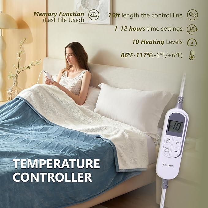 Heat Blanket 62”x84” Twin Size,Soft Flannel & Sherpa Reversible Electric Blanket with 10 Heat Settings,12 Timer Setting and 8 Hours Auto-Shut Off,ETL Certified Machine Washable,Light Blue