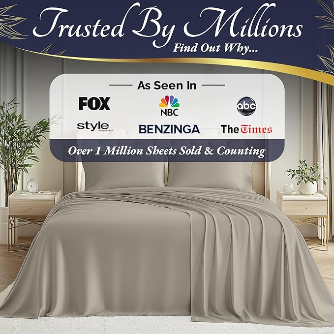 DECOLURE 100% Viscose Derived from Bamboo Sheets Full Size 4pcs - Ultra Soft & Luxuriously Cooling, 17" Deep Pocket, Double Stitching, Perfect for Hot Sleepers - Full Bed Sheets (Taupe)
