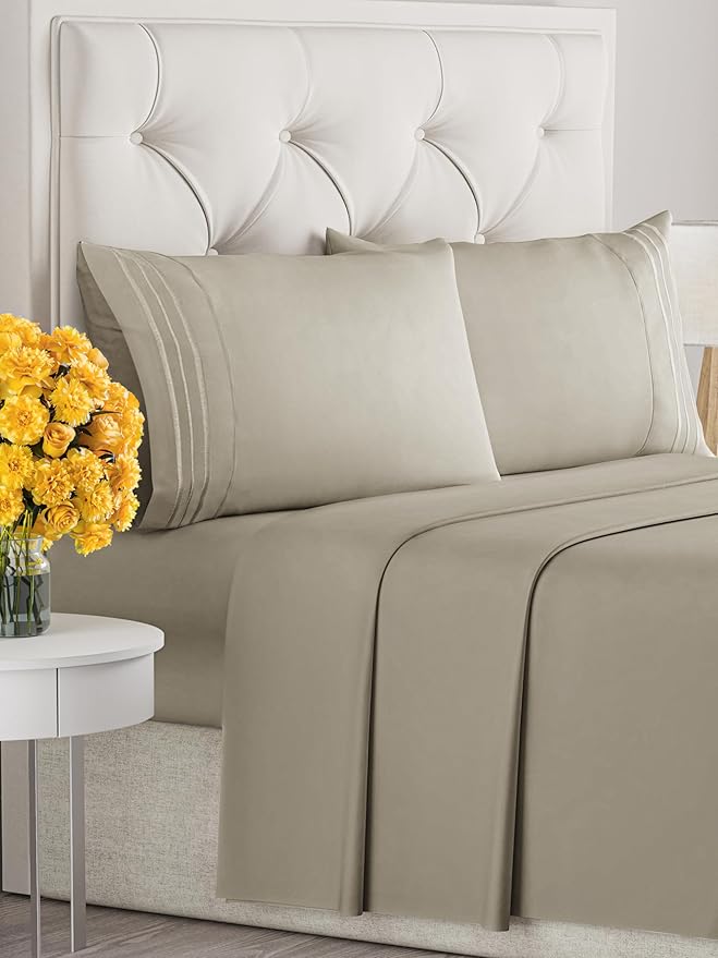 Cal King Size 4 Piece Sheet Set - Extra Soft, Breathable & Cooling Sheets - Hotel Luxury Durable Bed Sheets for Women & Men - Deep Pockets, Easy-Fit & Wrinkle-Free Sheets - Taupe Oeko-Tex Bed Sheets
