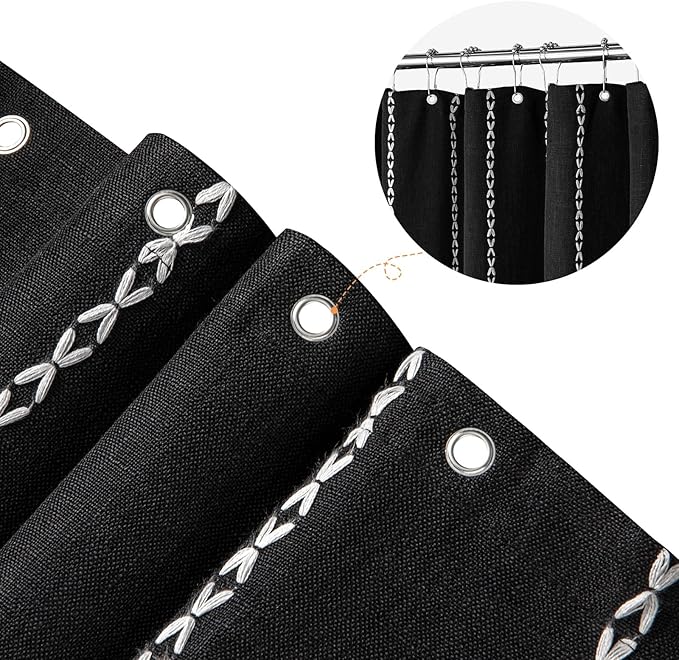 MitoVilla Boho Extra Long Shower Curtain 72 x 96, Black Modern Farmhouse 96 inch XL Polyester Linen Texture Tassel Fabric Shower Curtain Set with Hooks for Cottagecore Country Bathroom Decor,Black