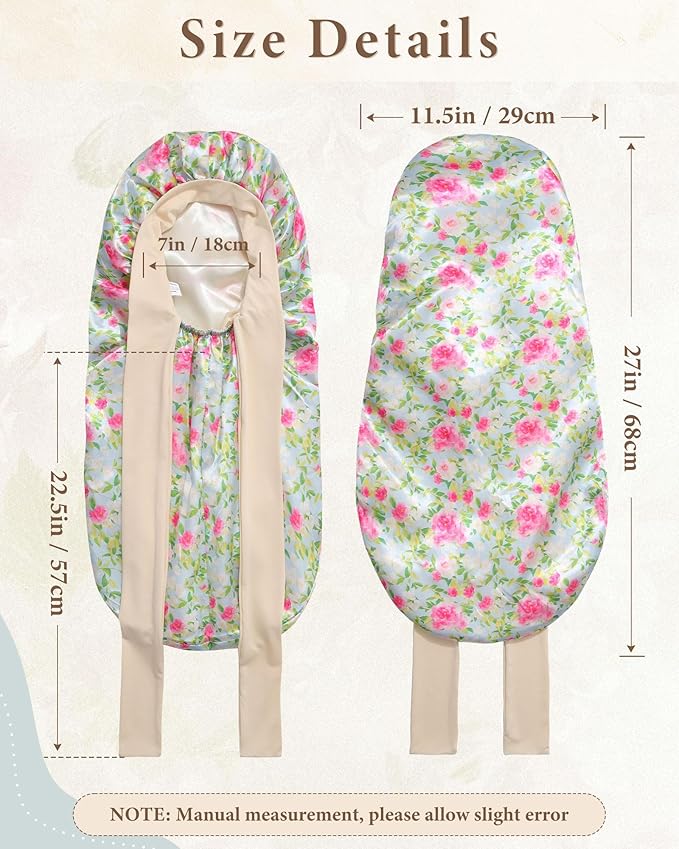 AWAYTR Long Satin Bonnet for Sleeping, Reversible Double Layer Hair Bonnet with Elastic Tie Band (Rose Print+Blue)