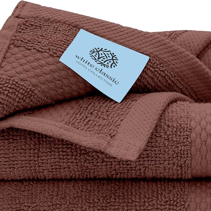 White Classic Luxury Cotton Washcloths 13x13 Inch - 650 GSM Turkish Cotton | Hotel, Spa, Bathroom Face Towel | 12 Pack, Brown
