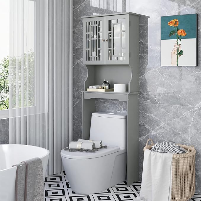BestComfort Wooden Over The Toilet Storage Cabinet, Home Bathroom Space Saver, Double Doors, Adjustable Shelf Organizer, Open Storage Shelf, Freestanding Toilet Storage Rack Unit (Gray), Grey