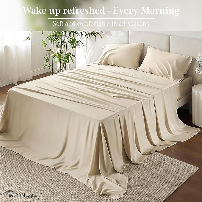 URBANHUT 1000 Thread Count Queen Sheets Set Egyptian Cotton, Long Staple Soft & Breathable, 4 Pc Bed Sheet Sets for Queen Size Bed, Luxury Hotel Sateen Sheets Fits 16" Deep Pocket - Ivory New
