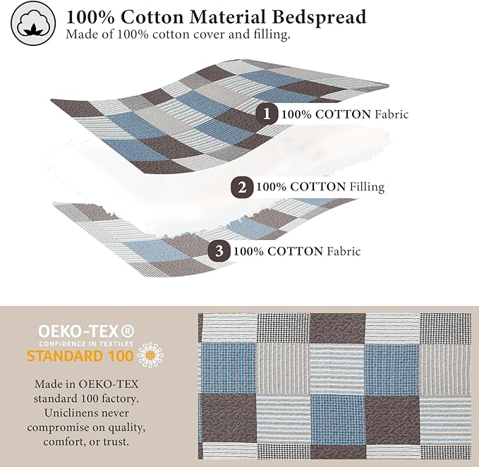 Uniclinens Plaid Quilt Set Queen Size, 100% Cotton Patchwork Quilt Bedding Set Bedspreads, Farmhouse Lightweight Comforter Quilted Quilt, 3 Pieces Set with 2 Pillowshams, Blue/Brown/White