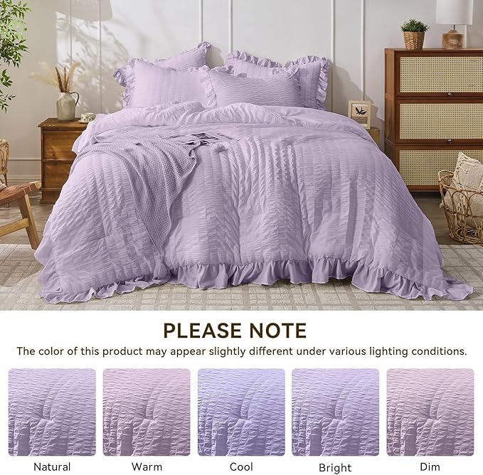 JOLLYVOGUE Lavender Queen Comforter Set, 3 Pieces Seersucker Comforters Queen Size, Lightweight & Fluffy Bedding Sets Queen for All Season with 1 Ruffle Comforter and 2 Ruffle Pillowshams