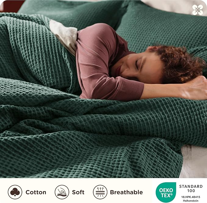 Bedsure Cotton Duvet Cover Queen - 100% Cotton Waffle Weave Forest Green Duvet Cover Queen Size, GentleSoft™ and Breathable Bedding Set for All Season, 3 Pieces, 90"x90"