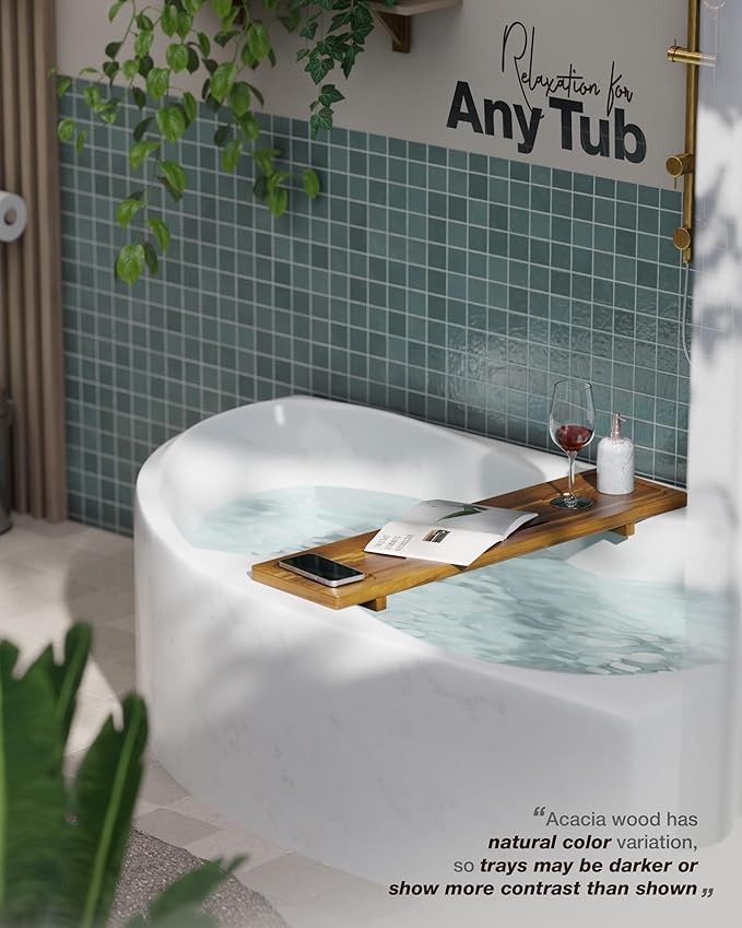 Bathtub Tray, Acacia Bath Tray for Tub, 34.6''x9'' Wooden Bathtub Caddy Tray with Adjustable Legs Fit Various Bathtubs, Anti-Tipping, Sustainable Bath Table with Wine Glass and Tablet Holder