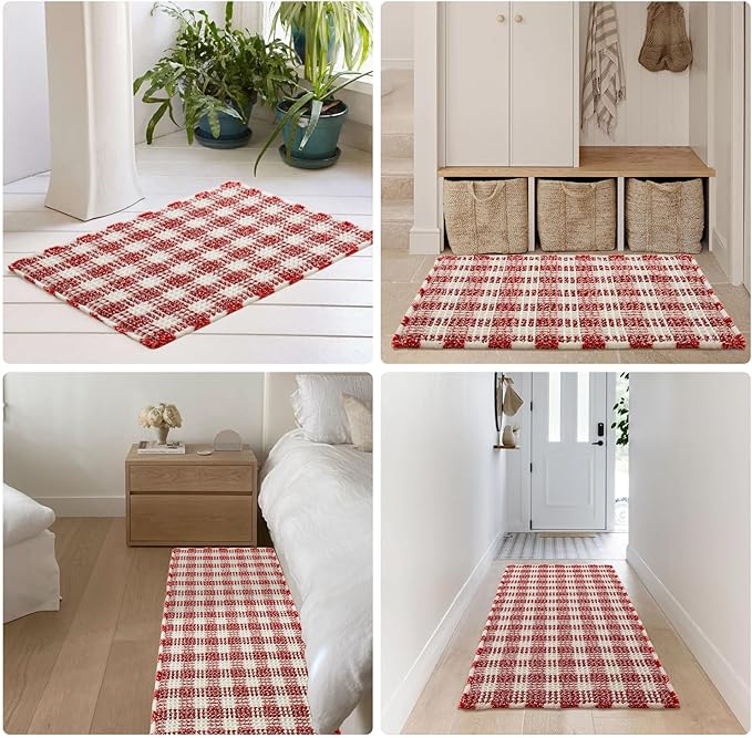 Waffle Bath Mat, Boho Christmas Bathroom Rugs Non Slip Washable Absorbent Checkered Bathroom Mat Quick Dry Cute Bath Mat, 36"x24" Red and White