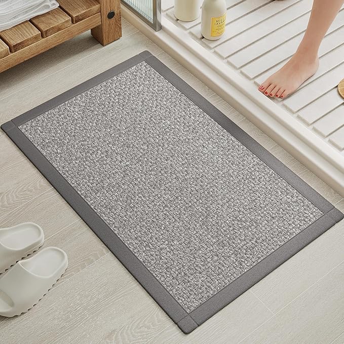 Quick Dry Absorbent Bathroom Rugs Mat Non Slip Bath Mat Ultra Thin Bath Mats Bathroom Mat Floor Rubber Backed Fit Under Door Woven Washable Bath Rugs Gray 16x24