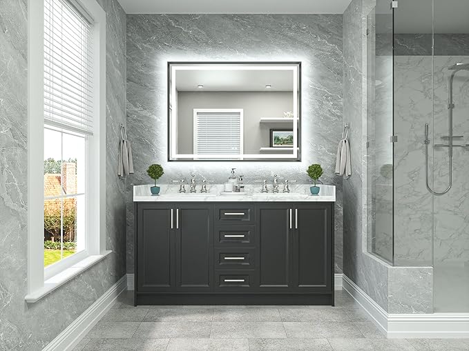 TETOTE 48 x 36 Bathroom LED Mirror Brushed Gunmetal Gray Frame Frontlit & Backlit Vanity Mirror Anti-Fog Stepless Dimmable 3 Colors White/Warm/Natural Wall-Mounted