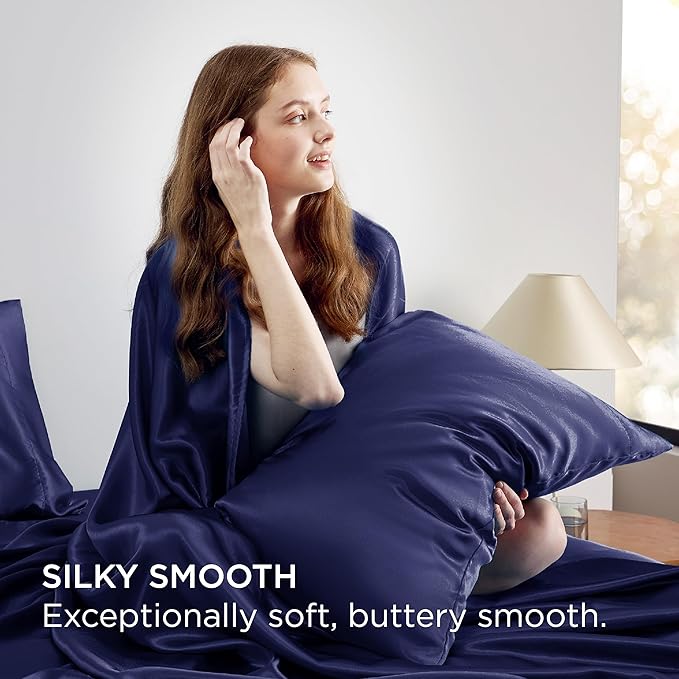 Bedsure Satin Sheets Queen Size - 4 Piece Silky Bedsheets with 15 Inches Deep Pocket Fitted Bedsheet,1 Flat Sheet, 2 Satin Pillowcases, Good for Hair & Skin (Queen, Navy)