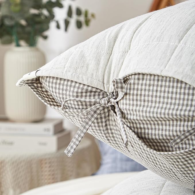 White Quilt King Size， Cotton Linen King Size Quilt Set，3-Pieces Bed Spreads with Grey Plaid Coverlet Lightweight Comforter with 2 Pillow Shams