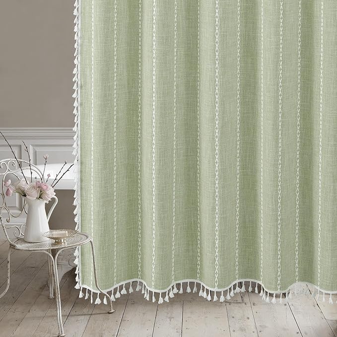 MitoVilla Sage Green Boho Extra Long Shower Curtain 72 x 84, Modern Farmhouse 84 inch XL Rustic Polyester Linen Tassel Heavy Duty Shower Curtain Set with Hooks for Cottagecore Country Bathroom Decor