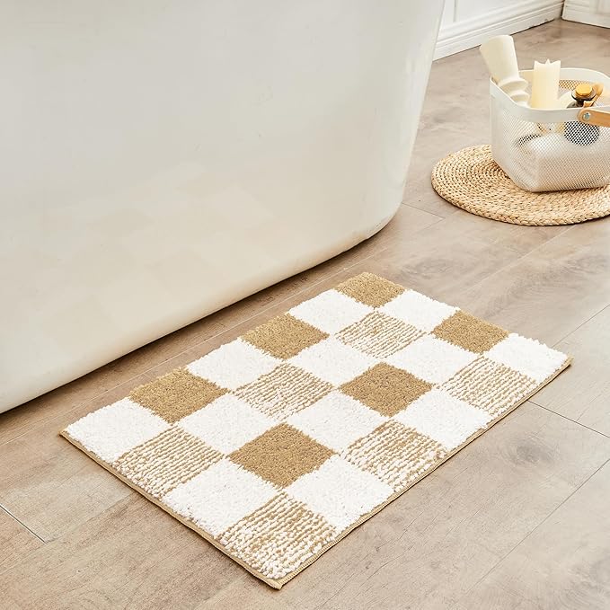 CozeCube Bath mats for Bathroom Non Slip, Fluffy Absorbent Microfiber Bath mat Washable, Aesthetic Bathroom Rugs, Small Beige Checkered Bath mat, Beige, 24" x 16"