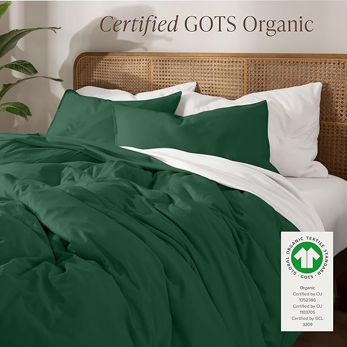 Bare Home 100% Organic Cotton Jersey Duvet Cover Set - Full/Queen Size - Ultra Soft - 100% Cotton - 3pcs - Corner Ties - Button Closure - Bedding Duvet Cover & Pillow Shams (Full/Queen, Forest Green)