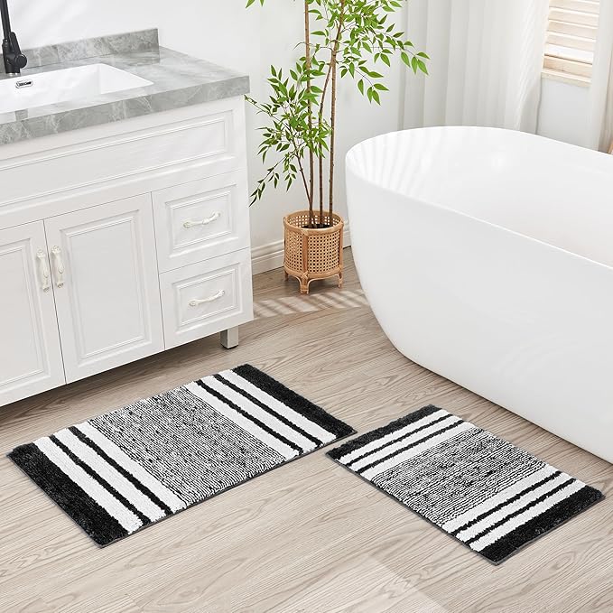 CozeCube Bath mats for Bathroom Non Slip, Fluffy Absorbent Microfiber Bath mat Washable, Aesthetic Bathroom Rugs, Cute Jet Black Striped Bath mat, Jet Black, 32" x 20"