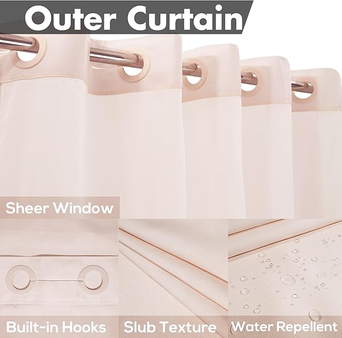 No Hook Slub Textured Shower Curtain with Snap-in PEVA Liner Set - 71" x 74"(72"), Hotel Style with See Through Top Window, Fabric Outer Curtain & Waterproof Inner Liner, Pink, 71x74