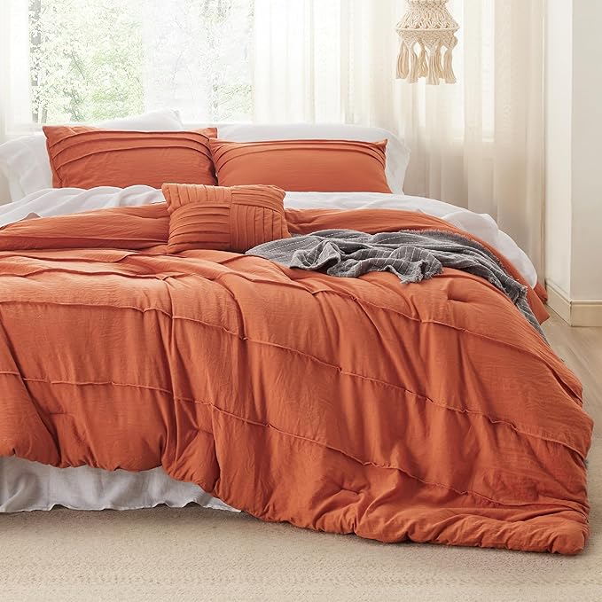 Bedsure California King Comforter Set - 4 Pieces Pinch Pleat Bed Set, Burnt Orange Boho Bedding for All Season, 1 Soft Comforter, 2 Pillowcases, 1 Decorative Pillow