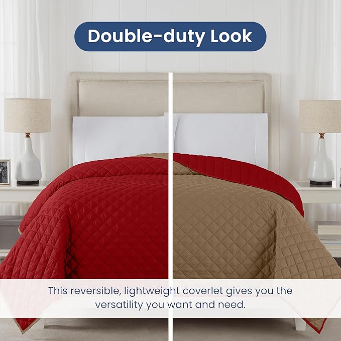 Martex Reversible Coverlet – Twin Bed Quilt – Lightweight Twin Size Bedding – Durable Quilts for Bed – Soft - Easy Care Bedding – Khaki/Red