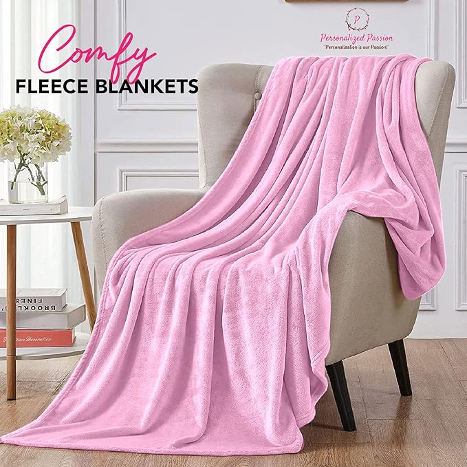 Personalized Passion Blankets with Custom Name & Initial Monogram - Super Soft and Cozy Fleece - Unisex Custom Blanket for Him and Her - 80x60 Inches - Light Pink