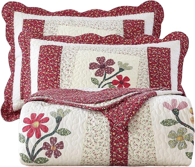 vctops Christmas Red 3 Piece Embroidered Floral Quilted Bedspread Quilt Set 100% Cotton Reversible Patchwork Coverlet Set 1 Quilt and 2 Pillow Shams (Red,Queen)
