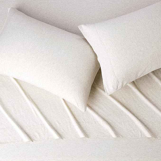 Amazon Basics 4 Piece Bed Sheets Set, 100% Cotton Jersey, Includes Super Soft, Flat and Fitted Sheets, Pillowcase, Full, Oatmeal, Solid