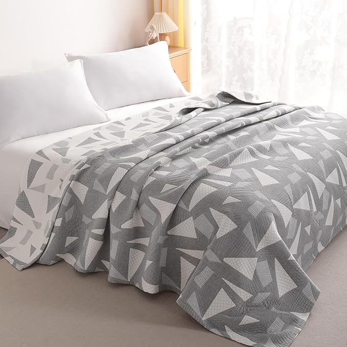 NTBAY 3 Layers Cotton Muslin 88x92 Queen Bed Blanket, Super Soft Breathable Thermal Yarn Dyed Quilt for Adults, Perfect Lightweight Blanket for Couch Sofa Bed All Seasons, Grey Triangle