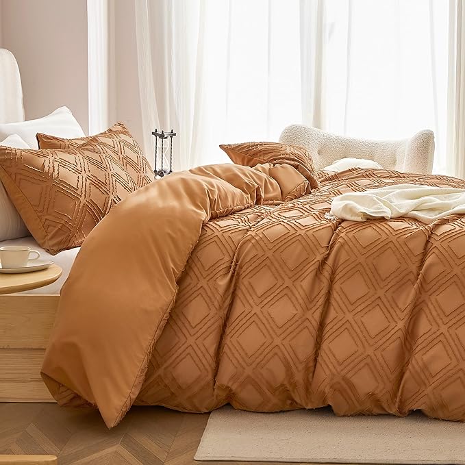 JELLYMONI Duvet Cover King Size Rust - 3PCS Boho Duvet Cover Set Plaid Polyester Tufted Bohemian Jacquard Knit Textured Comforter Cover 104×90in Rhombic Geometric Pattern Zipper Corner Tie