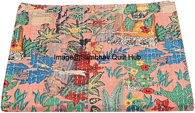 Floral Printed Cotton Quilted Blanket Indian Handmade Bedspread Kantha Work Bohemian Bed Decor Throw Blanket Twin/King/Queen (90X108 inches)