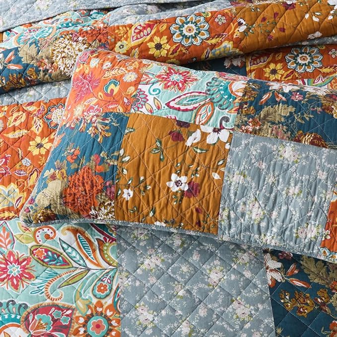 Autumn Dream Cotton Bedspread Quilt Sets Reversible Bedding Coverlet Sets Comforter, Paisley Floral Patchwork Yellow Grey Bedspread, King Size