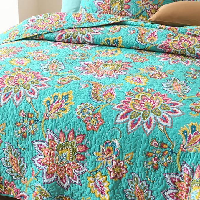 Cotton Bedspread Bedding Coverlet Quilt Sets, Reversible Vintage Branch Floral Bedspread comforters, (Vintage Turquoise Paisley Floral Pattern, Queen Size)
