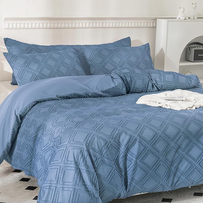 JELLYMONI Duvet Cover Queen Size Blue - 3PCS Boho Duvet Cover Set Plaid Polyester Tufted Bohemian Jacquard Knit Textured Comforter Cover 90×90in Rhombic Geometric Pattern Zipper Corner Tie
