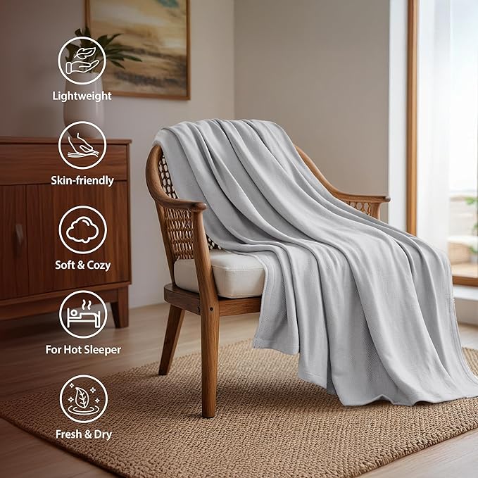 Twin Size Blanket, 70% Rayon (Derived from Bamboo) and 30% Cotton, Lightweight Jacquard Weave, Breathable and Soft Summer Blanket for Bed or Couch, 66” x 90”, Grey