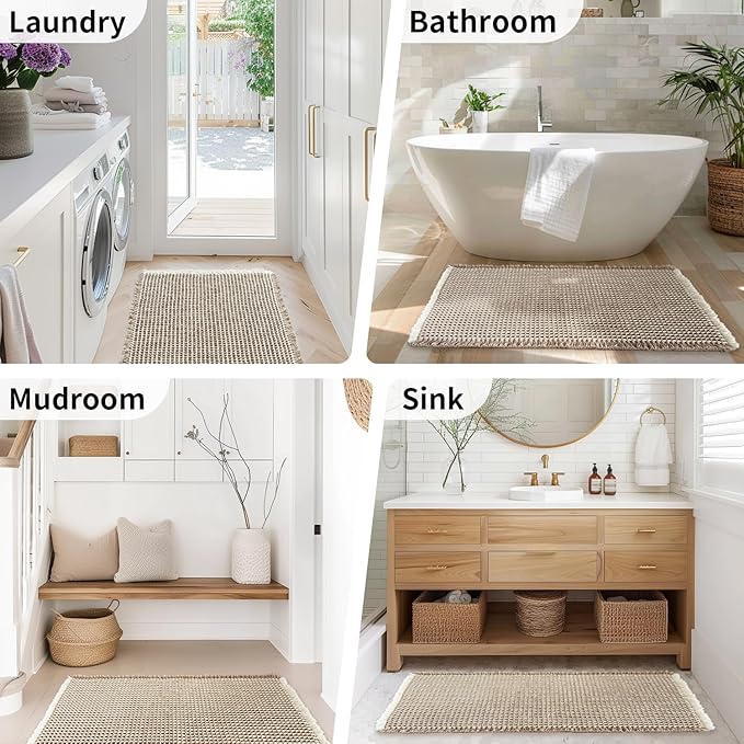 Waffle Bath Mat - Boho Bathroom Rugs Non Slip Washable, Super Absorbent & Quick Dry, Soft Bath Mat Farmhouse Bathroom Decor, 24'' x 36'', Khaki and White