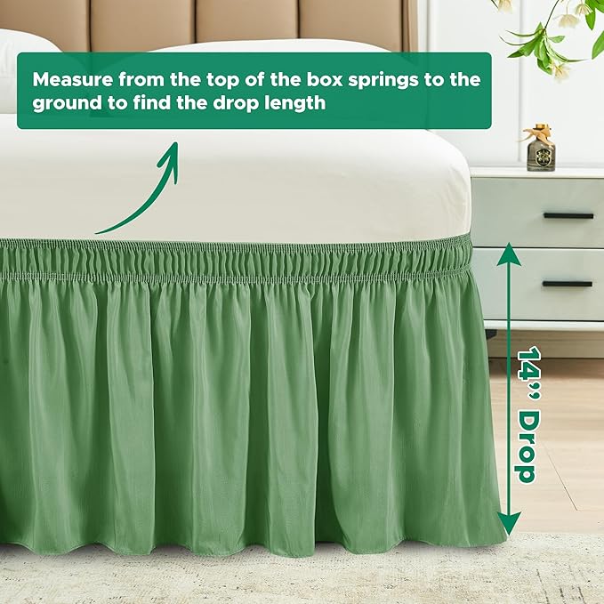 Biscaynebay Wrap Around Bed Skirts for Queen Beds 14" Drop, Sage Adjustable Elastic Dust Ruffles Easy Fit Wrinkle Resistant Silky Luxurious Fabric Machine Washable