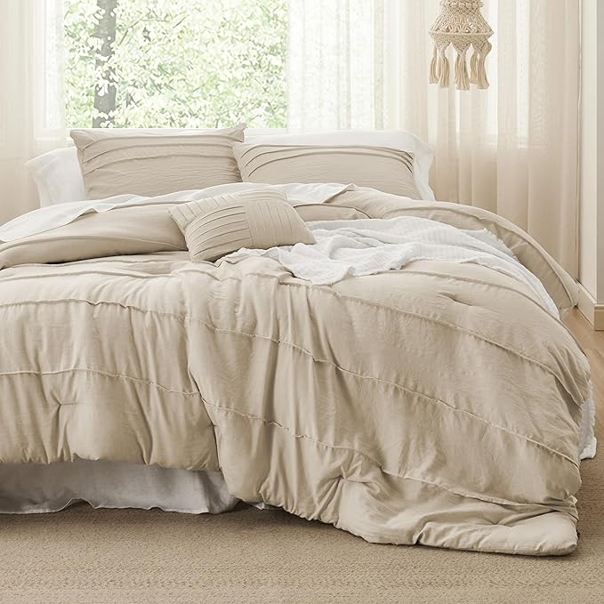 Bedsure California King Comforter Set - 4 Pieces Pinch Pleat Bed Set, Linen Boho Bedding for All Season, 1 Soft Comforter, 2 Pillowcases, 1 Decorative Pillow