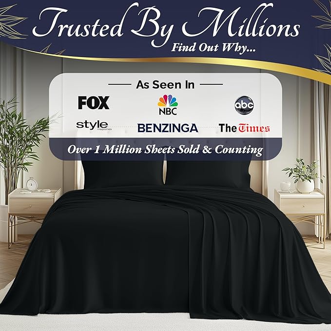 DECOLURE 100% Viscose Derived from Bamboo Sheets Cal King Size 4pcs - Ultra Soft & Luxuriously Cooling, 17" Deep Pocket, Double Stitching, Perfect for Hot Sleepers - King Bed Sheets (Black)