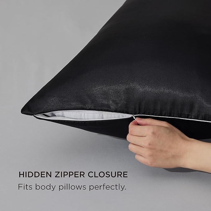 Bedsure Satin Body Pillow Pillowcase, Similar to Silk Body Pillow Cover with Zipper, Soft & Breathable Long Pillow Case, Cooling & Silky Long Pillowcase for Hair and Skin, Gifts, Black, 20x54 Inches