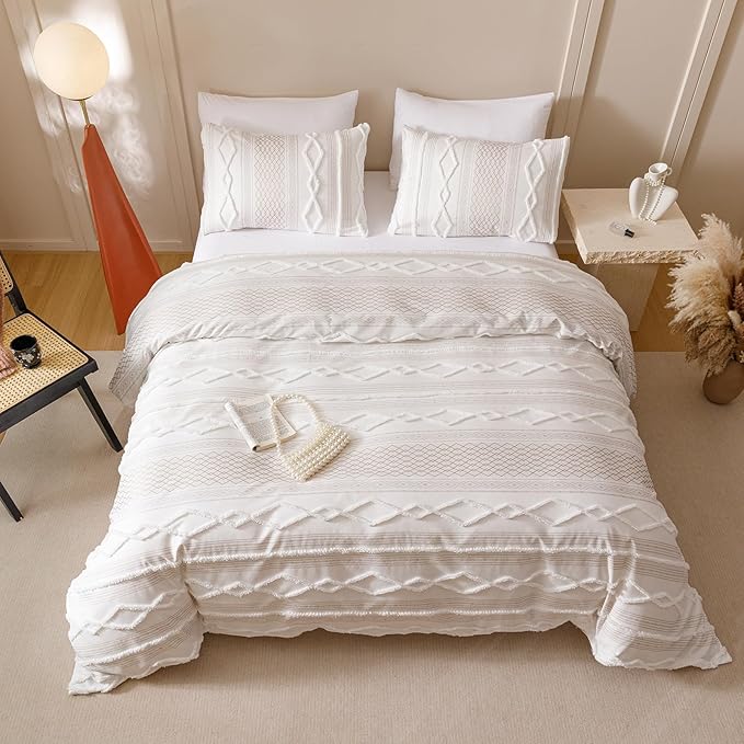 KAREVER Ivory Boho Comforter Set King Mixed Textures Jacquard Bedding Set Durable Chic and Stylish Bedroom Set