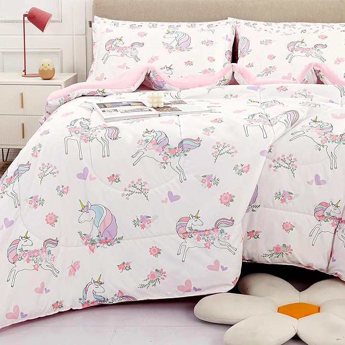 Viviland Kids Twin Bedding Sets for Girls, Soft Twin Comforter Set with Sheets, 5 Pieces Microfiber Bed in a Bag, White Unicorn
