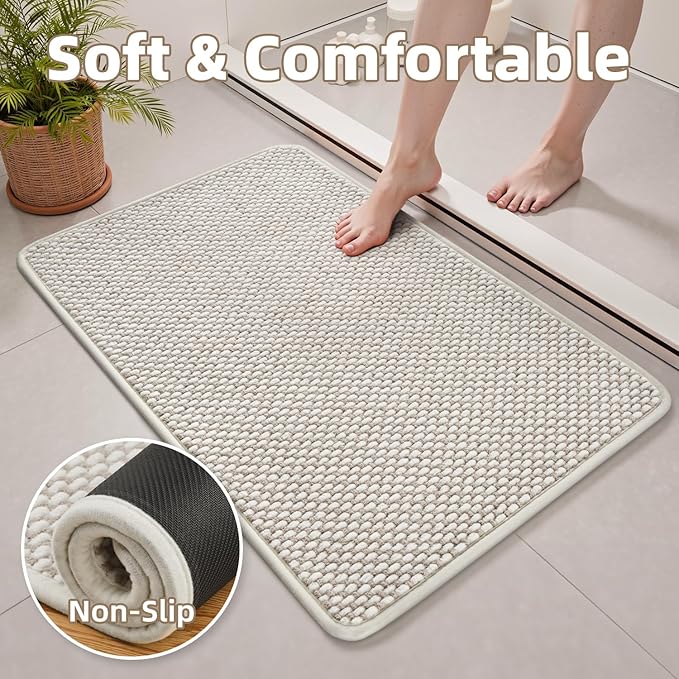 PADOOR-Bath Mat-Super Absorbent Chenille Bathroom Mats-Rubber Backed Bath Mats for Bathroom Non Slip, Easy Clean Bathroom Rugs Front of Bathtub,Shower Room,Sink-24×36, Beige&Cream