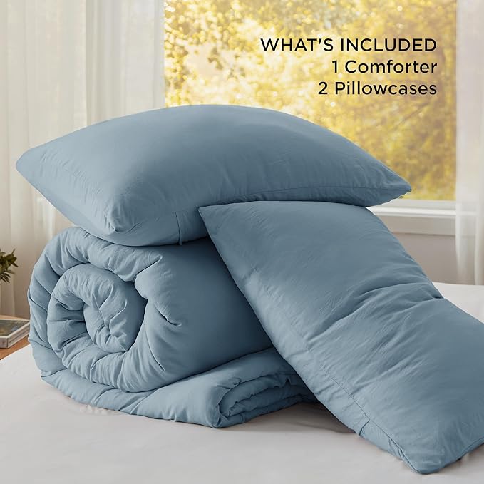 Bedsure Queen Size Comforter Set, Grayish Blue Soft Prewashed Bedding for All Seasons, 3 Pieces GentleSoft™ Down Alternative Bed Set, 1 Lightweight Comforter (90"x90") and 2 Pillowcases (20"x26")