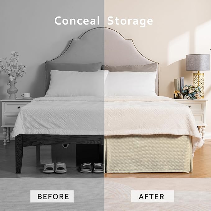 MIYE Pleated Waffle Weave Bed Skirt, Tailored Dust Ruffle 12 Inch Drop Easy Fit, Machine Washable,No Split Corners (Light Beige, King - 12" Drop)