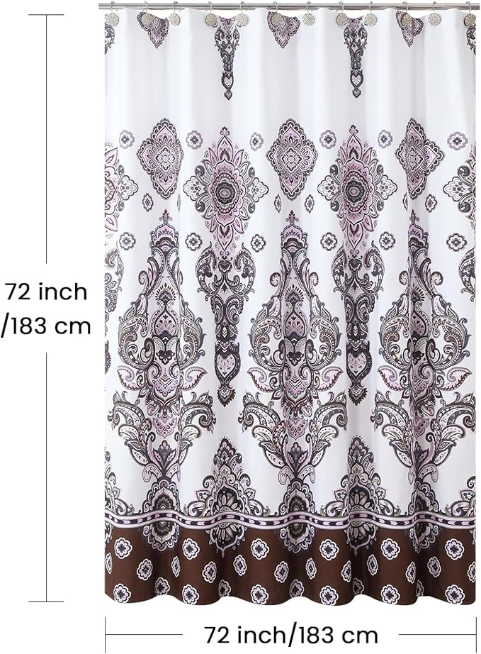 Luxury Shower Curtain, White Bath Curtain with Baroque Brown & Pink Paisley Medallion Print, Waterproof Soft Polyester Fabric, 72" W x 72" H