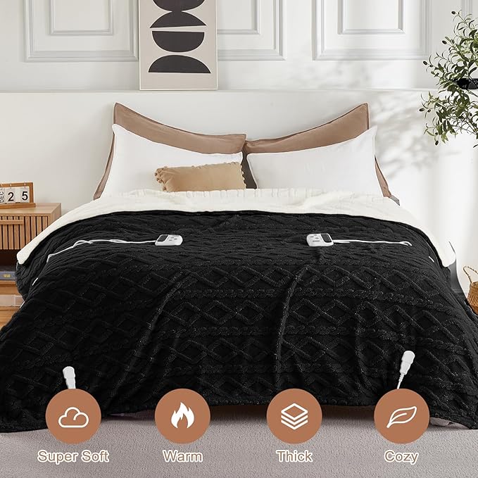 CAROMIO Electric Blanket Twin Size - Thick Tufted Sherpa Heated Blanket Twin with 10 Heating Levels and 10 Time Settings, ETL Certified Machine Washable Fast Heating Blanket Twin 62"×84", Black