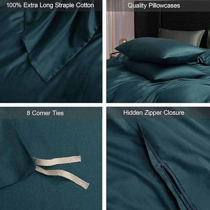 MooMee Duvet Cover Set 100% Extra Long Staple Cotton 600 Thread Count Silky Sateen Smooth Luxury Soft Breathable Durable Hotel Quality Bedding, 3 Pieces (Teal Green, Full 80"x90")