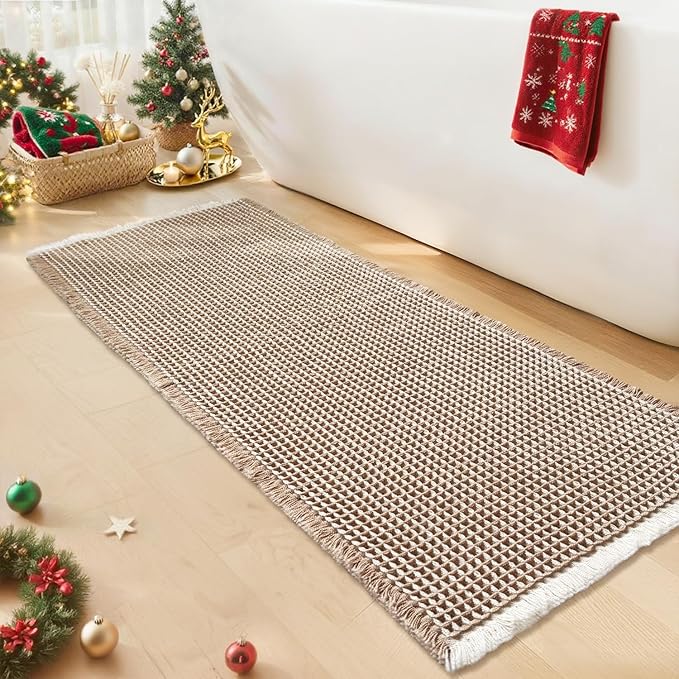 Waffle Runner Bath Mat - Long Boho Bathroom Rugs Non Slip Washable, Super Absorbent & Quick Dry, Soft Bath Mat Farmhouse Bathroom Decor, 24'' x 60'', Khaki and White